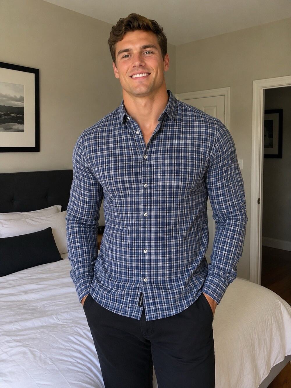 Bonobos Stretch Slim Fit Blue/White Plaid Long Sleeve Button-Up Shirt XL